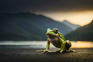 a frog sitting on the ground in front of a lake. AI-Generated photo