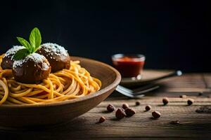 spaghetti with meatballs in a wooden bowl. AI-Generated photo