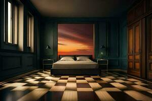 a bedroom with a checkered floor and a large painting. AI-Generated photo