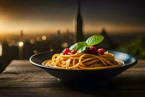a bowl of pasta with a view of the city. AI-Generated photo