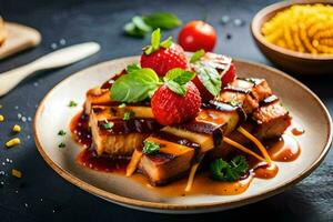 a plate with meat, strawberries and sauce. AI-Generated photo