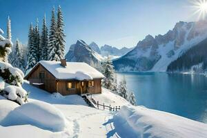 un cabina es rodeado por nieve y arboles generado por ai foto