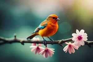 photo wallpaper bird, the flowers, the tree, the bird, the flowers, the tree,. AI-Generated