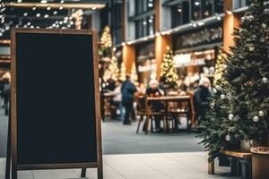 Empty blackboard sign mockup in front of a restaurant. Generative Ai photo