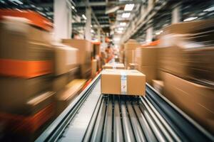 Closeup of multiple cardboard box packages moving along a conveyor belt. Generative AI photo