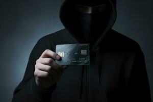 hackear hombre cortar a tajos información datos en el crédito tarjeta. ai generado. foto