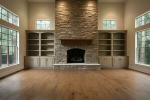 Empty room interior with grouted stone fireplace.AI Generative photo