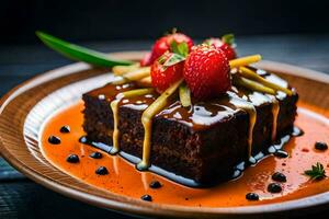 a chocolate cake with strawberries and sauce on a plate. AI-Generated photo