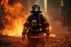 bombero utilizando agua y extintor a luchando con fuego fuego en un emergencia, generativo ai foto