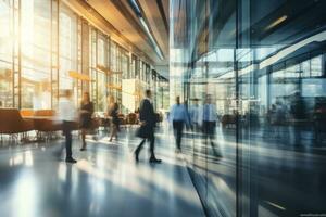 Crowded office public place with people passing by, traffic flow motion blur effect. AI Generative photo