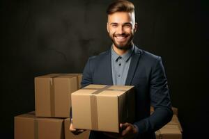 Smiling business man with box in warehouse. Generative IA photo