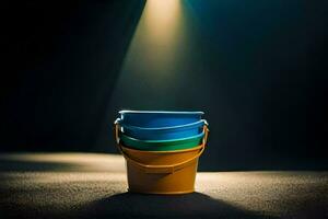 three colorful buckets on a dark floor. AI-Generated photo