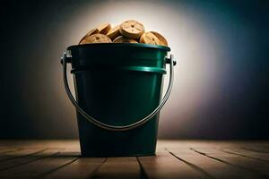 a bucket filled with cookies on a wooden floor. AI-Generated photo