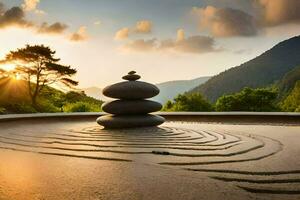 a zen garden with rocks and a stone circle. AI-Generated photo