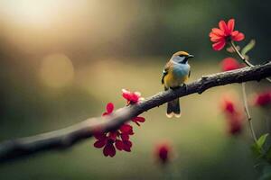 a bird sits on a branch with red flowers. AI-Generated photo