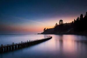 a long exposure photograph of a pier at sunset. AI-Generated photo