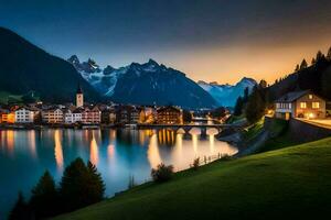 photo wallpaper the sky, mountains, lake, switzerland, the city, switzerland, the. AI-Generated