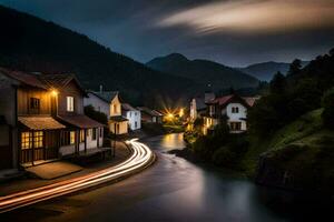 un río carreras mediante un pueblo a noche. generado por ai foto