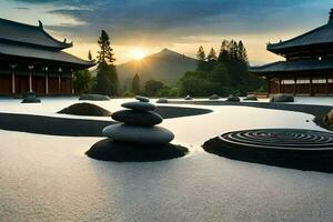 a zen garden with rocks and water. AI-Generated photo