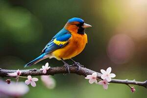 a colorful bird sits on a branch with pink flowers. AI-Generated photo