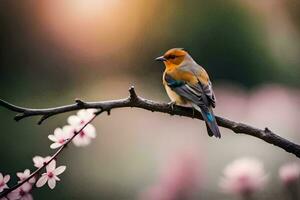 a bird sits on a branch with pink flowers. AI-Generated photo