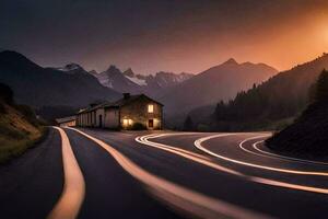 a long exposure photograph of a road with a house in the background. AI-Generated photo