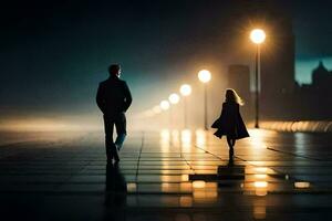 un hombre y mujer caminando en el lluvia a noche. generado por ai foto