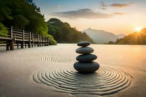 a stack of rocks sitting on the sand at sunset. AI-Generated photo