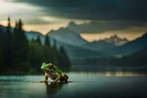 a frog sitting on the edge of a lake in front of mountains. AI-Generated photo