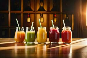 five different types of juices in jars on a table. AI-Generated photo