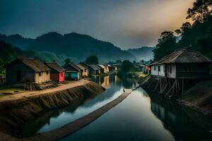 un río en el montañas con casas a lo largo el banco. generado por ai foto