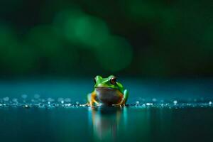 a frog sitting on the ground in the rain. AI-Generated photo