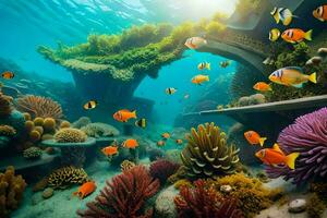 an underwater scene with coral reefs and fish. AI-Generated photo