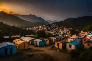 un pueblo de vistoso chozas en el montañas. generado por ai foto