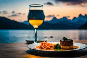 a glass of wine and a plate of food on a table overlooking the lake. AI-Generated photo