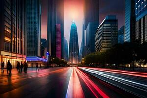 un ciudad calle a noche con luces y tráfico. generado por ai foto