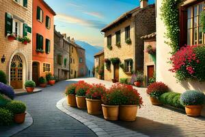 a street with flower pots and flowers on the side. AI-Generated photo