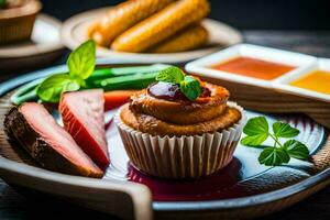 a plate with a cupcake, corn and other food. AI-Generated photo