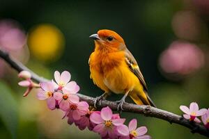 a small orange bird sits on a branch with pink flowers. AI-Generated photo