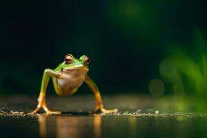 a frog is standing on its hind legs. AI-Generated photo