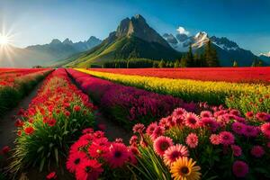 a field of flowers and mountains in the background. AI-Generated photo