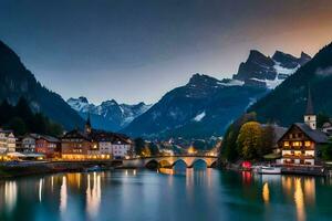 photo wallpaper the sky, mountains, river, town, bridge, house, house, house,. AI-Generated