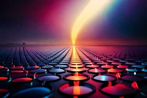 a colorful image of a sun rising over a field of circles. AI-Generated photo