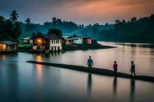 three people walk along the river in front of houses. AI-Generated photo