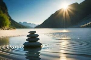 a stack of stones in the water with the sun shining. AI-Generated photo