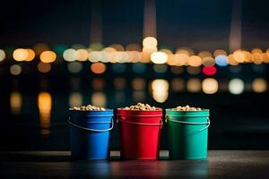 three buckets of peanuts on a table with a city in the background. AI-Generated photo