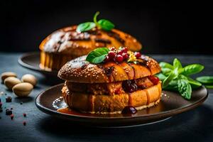two hamburgers on plates with sauce and spices. AI-Generated photo