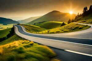 a winding road in the mountains with the sun setting. AI-Generated photo