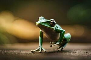 a frog is standing on a wooden surface. AI-Generated photo