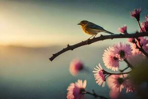 a bird sits on a branch with pink flowers. AI-Generated photo